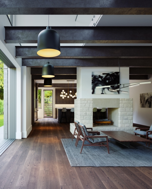 Foundry Pendant: Nightshade Black<br>Klee 6-Light Chandelier: Nightshade Black<br>Viaggio Linear Chandelier: Opal/Brass