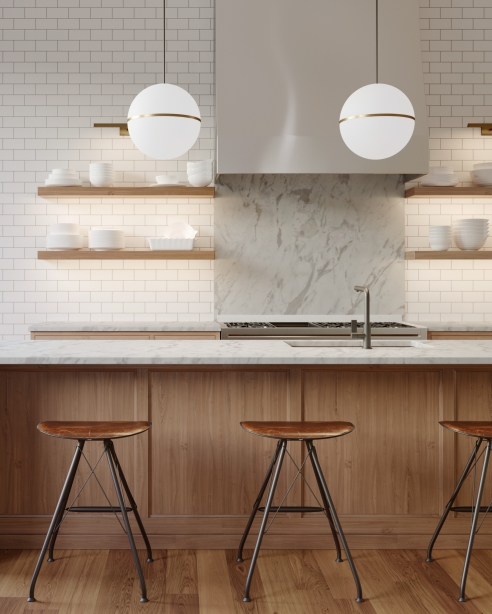 Hanea Grande Pendant: Natural Brass<br>Essence: Recessed Flanged Cabinet Millwork