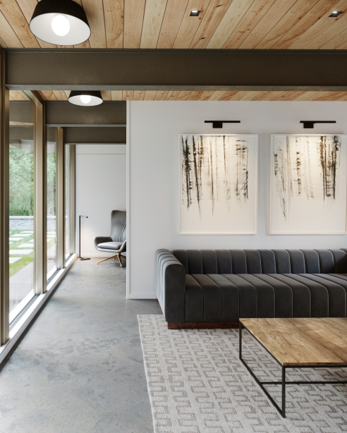 Joni Ceiling: Matte Black<br>Dessau 18 Picture Light: Nightshade Black<br>Dessau 38 Floor Lamp: Nightshade Black<br>Element Recessed: Flangeless Square Bevel Black Trim