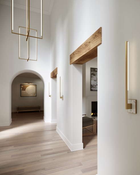 Kenway 42 Pendant: Natural Brass<br>Klee 30 Wall: Natural Brass/White Marble<br>Dessau 18 Picture Light: Natural Brass