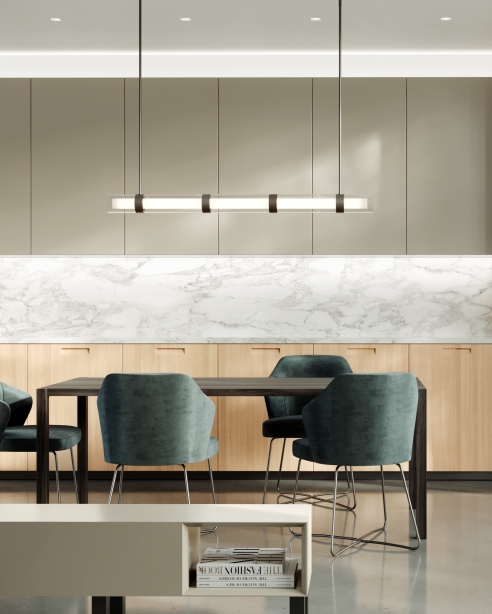 Wit 5-Glass Linear Suspension: Black<br>Essence: Surface 0604 and Recessed Flanged Cabinet/Millwork 0606<br> Element Recessed: Flangeless, White Square Bevel Trim